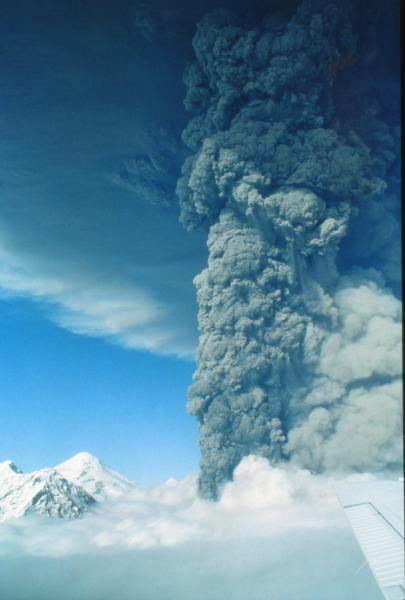 <p>Ash carried into air when viscous lava traps exsolving gas and explodes</p>