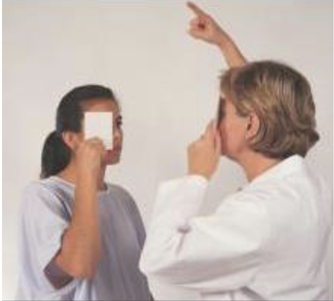 <p>use hand to see where patient can begin seeing in all fields</p>