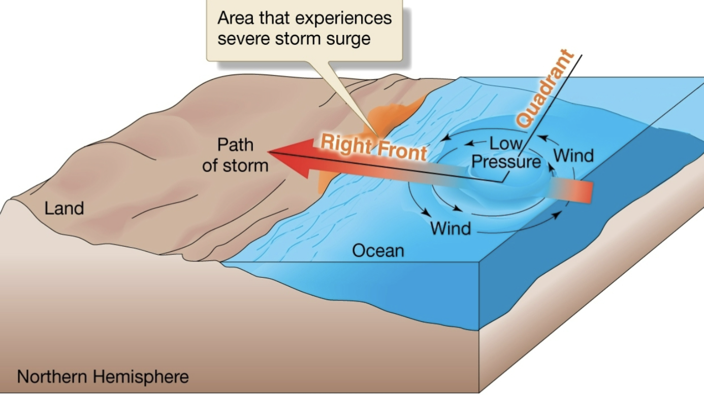 <p>Highest wind speed, low pressure storm surge at sea</p>