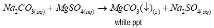 <p>After adding magnesium sulfate, a white precipitate forms - (magnesium carbonate)</p>