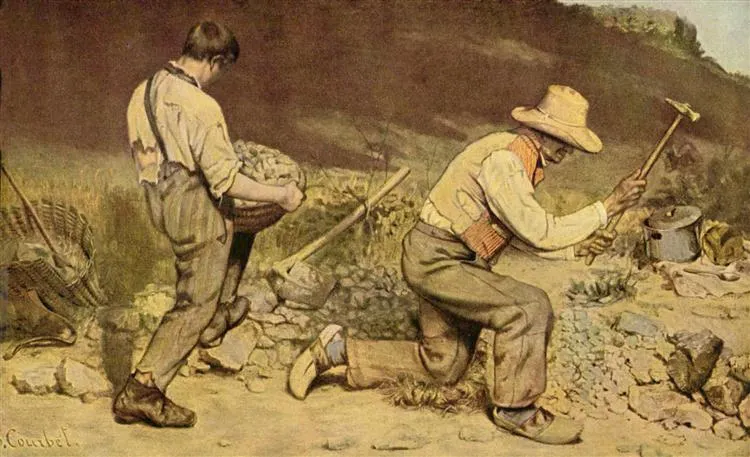 <ul><li><p><strong>ID:</strong> Gustave Courbet, 1849 CE, Oil on canvas, France</p></li><li><p><strong>Content:</strong> Two laborers (one young, one old) break stones on a rural road, symbolizing the harsh reality of working-class life.</p></li><li><p><strong>Function:</strong> Highlights the struggles of the poor, rejecting romanticized depictions of labor.</p></li><li><p><strong>Context:</strong> Realism movement, focusing on everyday people rather than idealized historical or religious subjects.</p></li><li><p><strong>Form:</strong> Muted color palette, rough brushstrokes, composition emphasizes hardship.</p></li></ul><p></p>