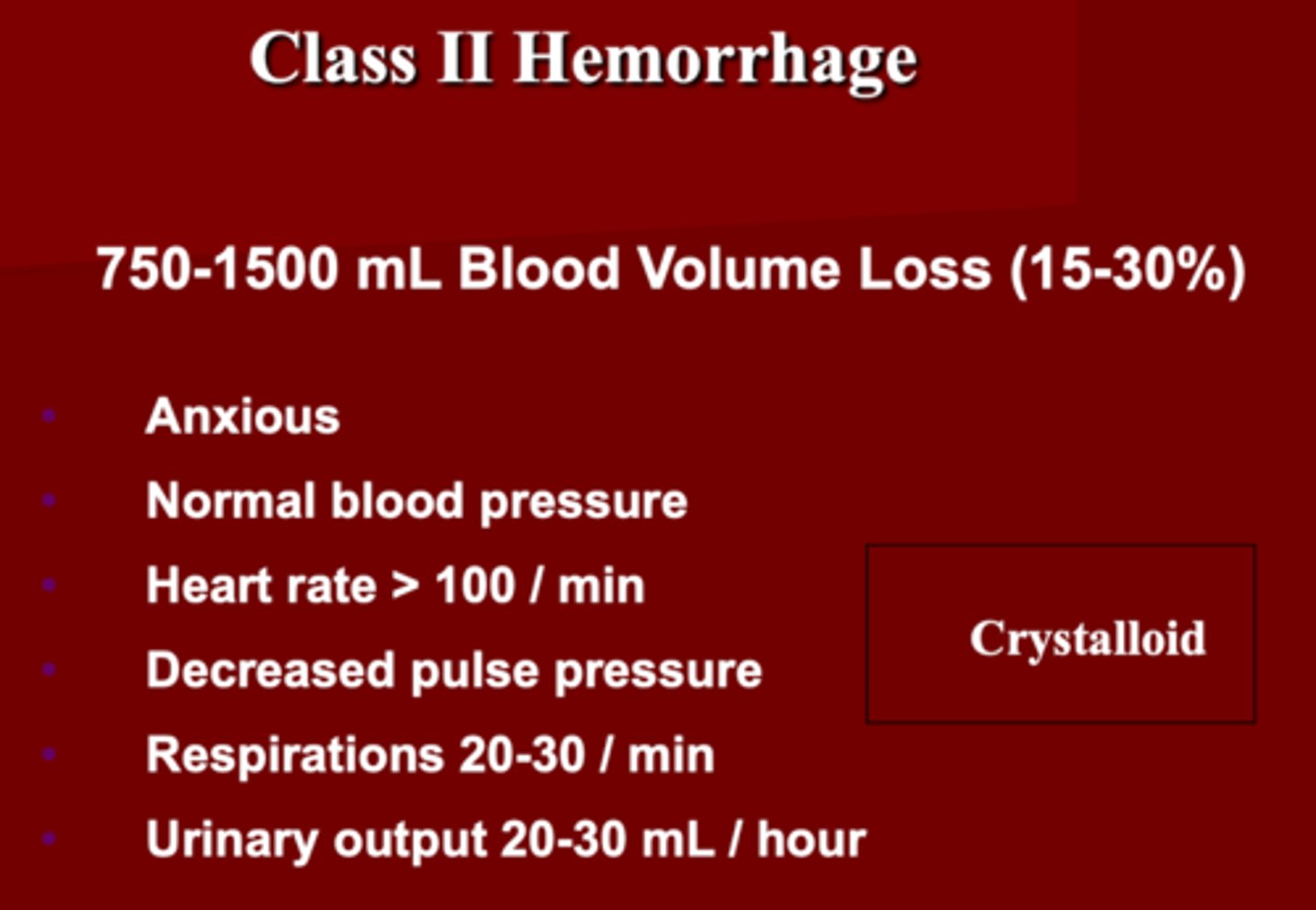 <p>1. 750-1500 (15-30%)</p><p>2. Anxious</p><p>3. BP= Normal </p><p>- HR &gt; 100</p><p>- decreased pulse pressure </p><p>- RR= 20-30 </p><p>- UO= 20-30 mL/hr </p><p>4. Crystalloid</p>