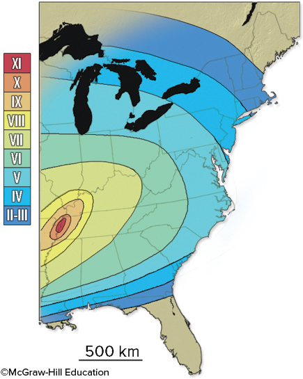 The Modified Mercalli Intensity rating map below shows intensity values that range from more than X to less than III. What does this map show?