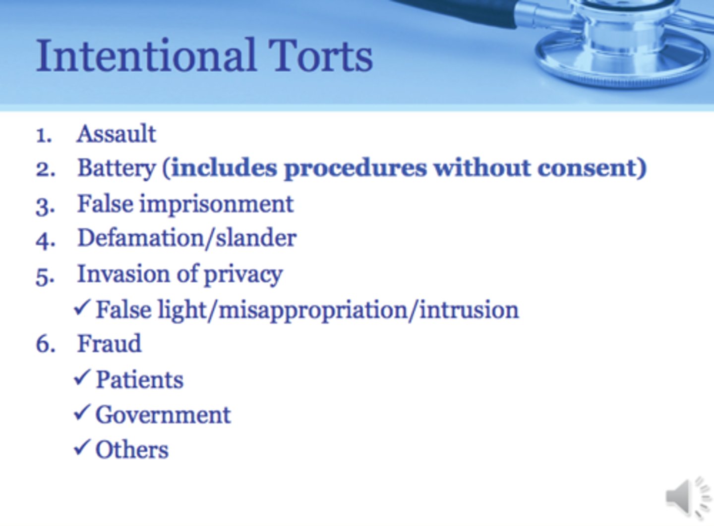 <p>committed by one who intends to do the act that creates the harm.</p><p>- assault (threat of harm)</p><p>- battery (act of harm)</p><p>- false imprisonment (physical/chemical restraints)</p><p>- invasion of privacy (hipaa)</p><p>- defamation (libel/slander)</p>