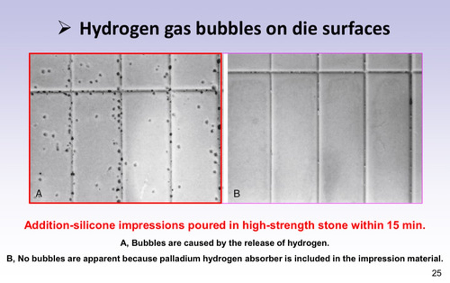 <p>A: bubbles caused by release of H2</p><p>B: no bubbles apparent because palladium hydrogen absorber is included in impression material</p>