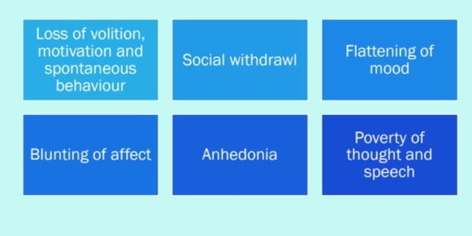 <p>Symptoms such as social withdrawal, flattening of mood, and loss of motivation.</p>