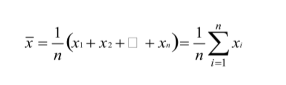 <ul><li><p><span style="background-color: transparent;">“Arithmetic Average”</span></p></li><li><p><span style="background-color: transparent;">Traditional Measure of Central Location</span></p></li><li><p><span style="background-color: transparent;">Sum the values and divide by <em>n</em></span></p></li><li><p><span style="background-color: transparent;">X refers to the sample mean</span></p></li></ul><p></p>