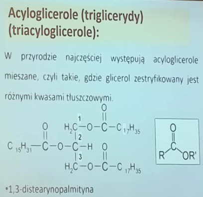 <p>triglicerydy/triacyloglicerole, najczęściej są acyloglicerole mieszane gdzie glicerol jest zestryfikowany z różnymi kwasami tłuszczowymi </p>