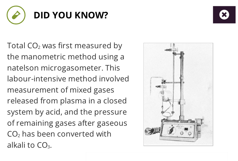<p>manometric method using a natelson microgasometer; labour-intensive; measure mixed gases from plasma in closed acid system; pressure of leftover gases after gas co2 is converted w alkali to co3</p>
