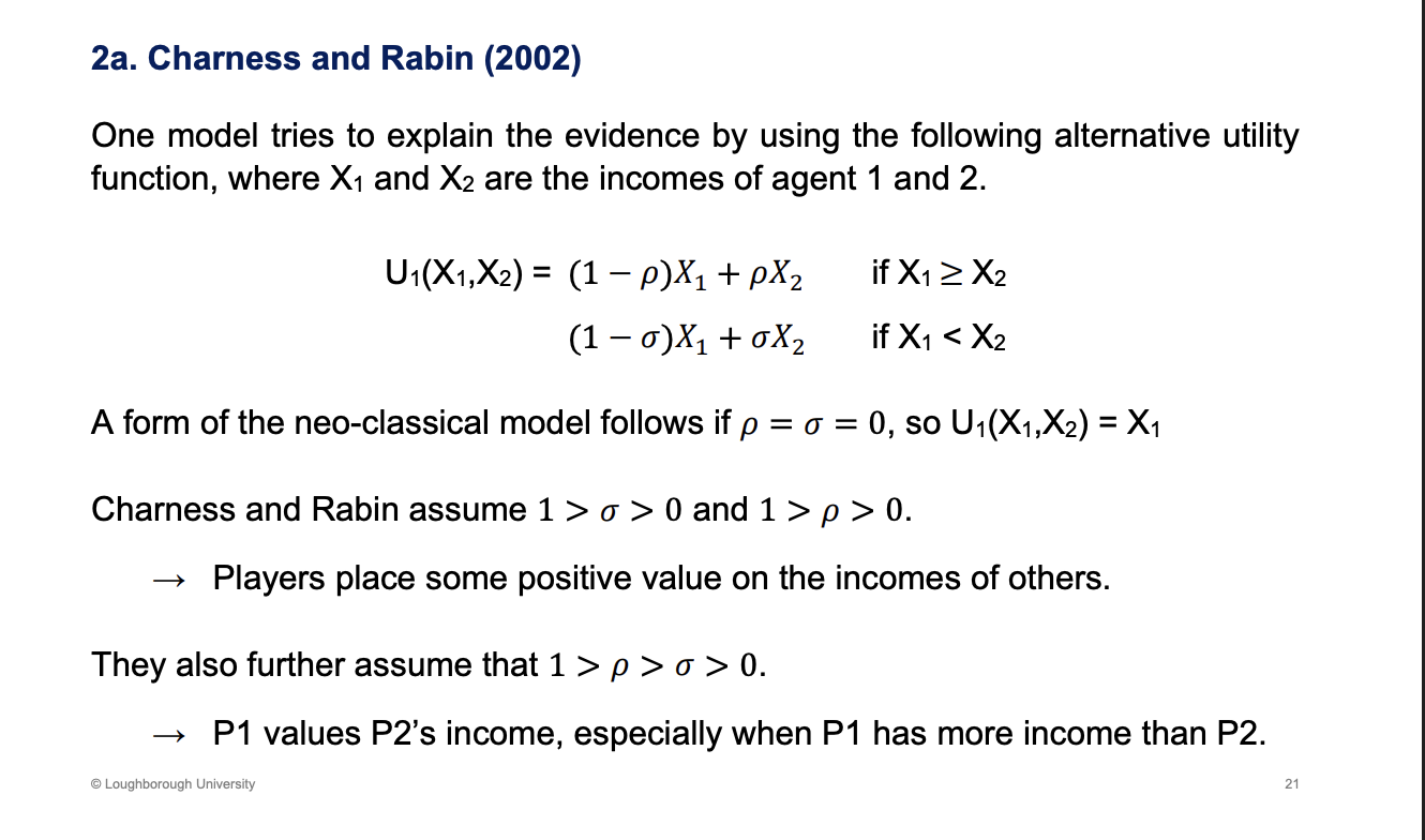 <p>Two people, incomes x</p><p>&nbsp;</p><p>Utility function - weigthed avergae not just of my income but also your income. Row (P) or sigma = 0 means utility depends on just my income not yours.</p><p>&nbsp;</p><p>The assumptions, get some positive weight from p2 utility, e.g. if they get a pay rise. The amount you care, depends if you earn more or less money.</p>