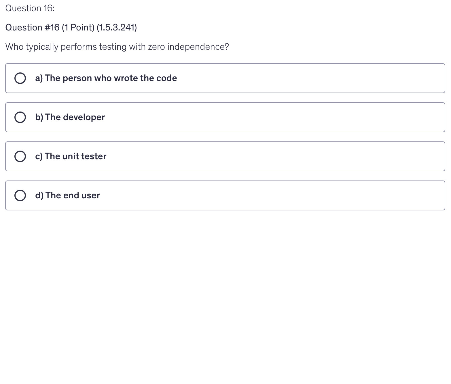 <p>Who typically performs testing with zero independence?</p>