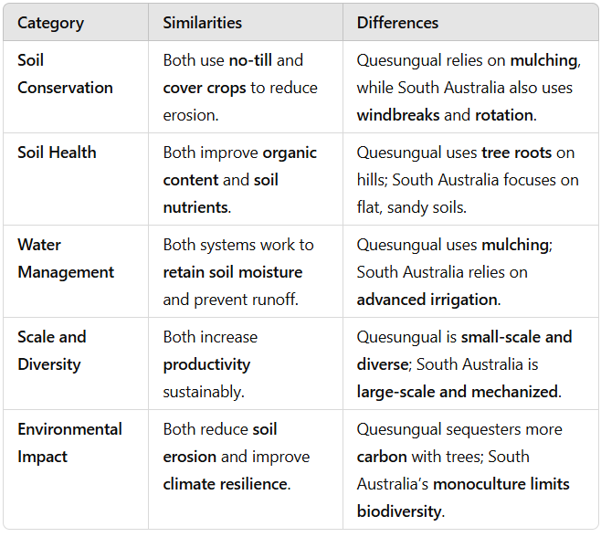 <p>SIMILARITIES</p><ul><li><p>no-till (no plough) + use of cover crops (oats)</p></li><li><p>improved organic content and soil nutrients</p></li><li><p>retain soil moisture and control run-off</p></li><li><p>increase productivity</p></li><li><p>reduce soil erosion and improve climate resilience</p></li></ul><p>DIFFERENCES</p><ul><li><p>Quesungual covers the soil in mulch (compost) while South Australia also uses crop rotations, windbreaks (paravent) and advanced irrigation</p></li><li><p>Quesungual uses tree roots on hills while South Australia uses sandy and flat soils</p></li><li><p>Quesungual is a typre of subsistence farming so small-scale and diverse while South Australia is commercial farming so large-scale and mechanized</p></li><li><p>Quesungual can act as a carbon sink (especially after the stop of slash and burn) while South Australia is emptier</p></li></ul><p></p>