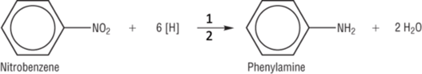 <p>under reflux to get a salt</p><p>100 oc</p><p>​reduction of nitrobenzene ​using ​concentrated hydrochloric acid ​(HCl) and a ​tin catalyst​.which Is one</p><p>2 is excess NAOH (Aq)</p><p>mixture is cool</p><p>the aromatic amines is separated by steam distillation</p>