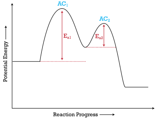 An exothermic enthalpy graph showing an activation energy peak for each of the elementary steps of the reaction. The valley between represents the intermediate for the reaction.