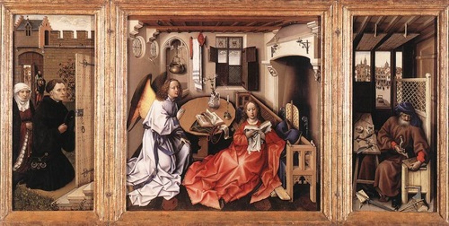 <p>Workshop of Robert Campin. 1427-1432 C.E. Northern Renaissance. Oil on wood. Commissioned by Peter Inghelbrecht. <br><br>Donor portrait. Triptych. Annunciation scene of Gabriel and Virgin Mary in Flemish home setting. Objects symbolize Mary's purity and candle indicates incarnation. Describes past, present, and future in the three-paneled altarpiece. Contains many Jewish symbols as well. Joseph displayed in a carpentry shop along with traps symbolizing the devil and Jesus. Triptychs eventually fell out of style due to the Reformation.</p>