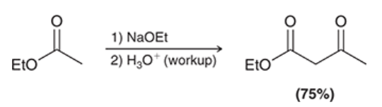 <p>the reversible condensation of an ester</p><p>nucleophilic acyl substitution reaction in which the nucleophile is an ester enolate, electrophile is an ester</p><p>product is a beta-keto ester</p><p>ester is treated with 1) NAOEt and 2) H3O+ (workup)</p><p>differs from aldol reaction in the fate of the tetrahedral intermediate; tetrahedral can expel leaving group to reform carbonyl</p><p>hydroxide can NOT be used as base because it can cause hydrolysis of the starting ester</p>