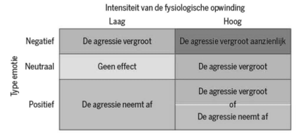 <p>Model dat stelt dat agressie wordt beïnvloedt door zowel de intensiteit van de opwinding als de aard van de emotie die wordt opgewekt</p>