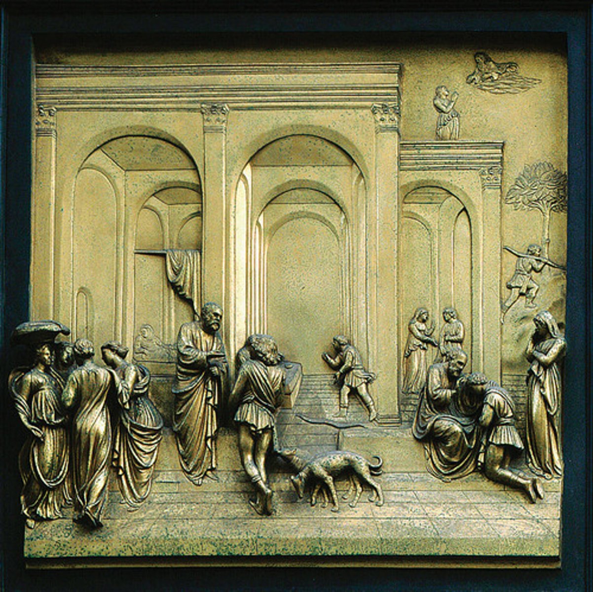 <p>A panel from the "Gates of Paradise"; depicts the sons of Isaac, Jacob and Esau. It's a relief sculpture with figures in the foreground. Pictorial illusionism is shown with recession into space. Atmospheric/aerial perspective was rare in sculpture, but this shows the arches blurrier farther back. Ancient sources are seen with the Roman architecture in the background as well as the classicism in the figures (drapery on the figures are based on Greco-Roman statues).</p>