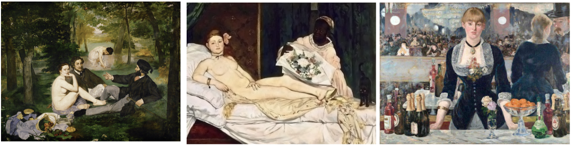 <ul><li><p>“Father of Modernism”</p></li><li><p>was a key figure who transitioned from the more realist approach to portraying subjects</p></li><li><p><strong>Le Déjeuner sur l'herbe (Luncheon by the Grass)</strong></p></li><li><p><strong>Olympia</strong></p></li><li><p><strong>A Bar at the Folies-Bergere</strong></p></li></ul><p></p>