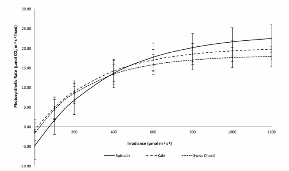 <p>As light intensity increases, the benefit to photosynthesis <u>decreases </u>until saturation occurs</p><p> Greenhouse tomato example: </p><p>¤ Turn off supplemental lighting when ambient light intensity is &gt;600 µmol·m–2·s–1</p><p> ¤ Cloudy days, morning, and nights are often most beneficial ¨ Most benefit gained within linear portion of curve</p>