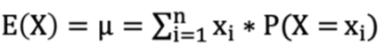 <p>a <strong>weighted average</strong> of all possible values of X</p><ul><li><p>Providing a <strong>measure of the central location</strong> of the distribution X</p></li><li><p>Calculated as <strong>E(X)=μ=∑_(i=1)^n x_i∗P(X= x_i)</strong></p></li></ul>