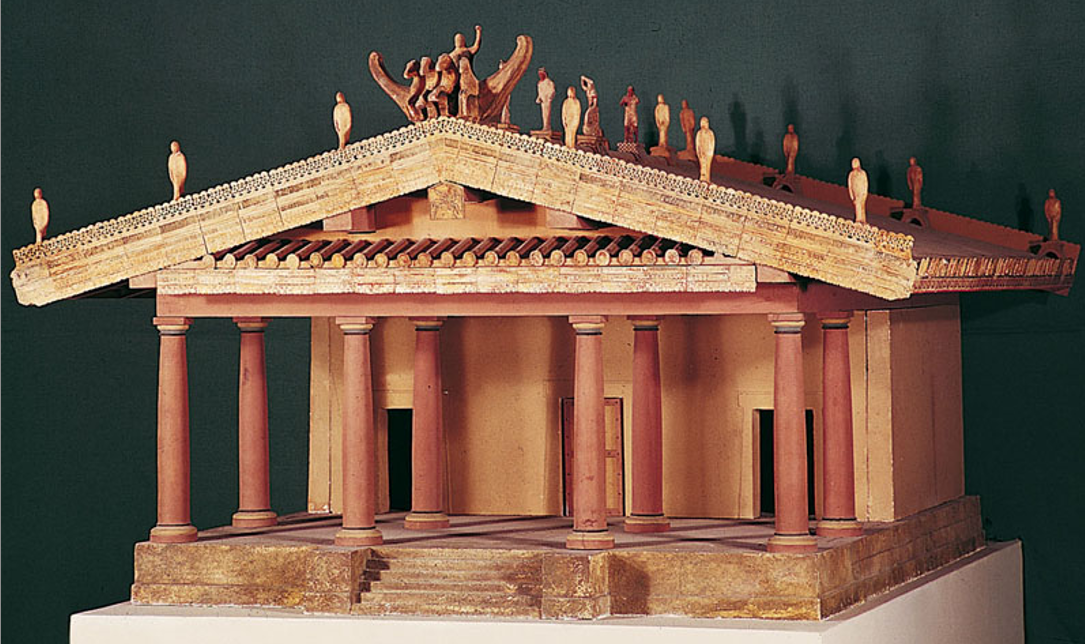 <ul><li><p>Vitruvius described what the temple looked like</p></li><li><p>Used the Tuscan column</p></li><li><p>Has figures on the roof, columns at the front, narrow staircase on the front</p></li><li><p>Made of mud brick and wood</p></li></ul><p></p>