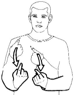 Point back over one shoulder with both hands and then pull the hands down to the lower chest