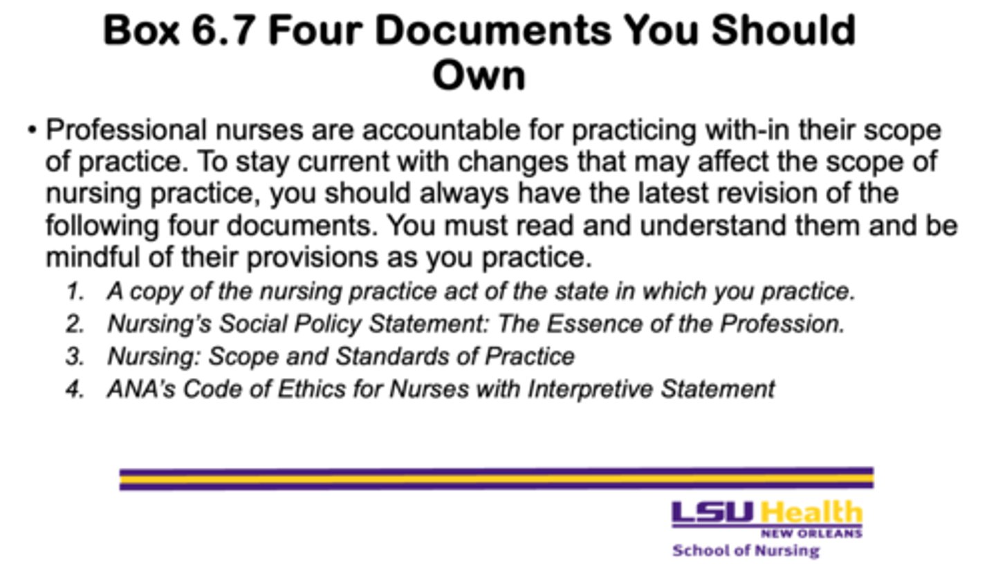 <p>1. A copy of the nursing practice act of the state in which you practice</p><p>2. Nursing’s Social Policy Statement: The Essence of the Profession</p><p>3. Nursing: Scope and Standards of Practice</p><p>4. ANA’s Code of Ethics for Nurses with Interpretive Statements</p>