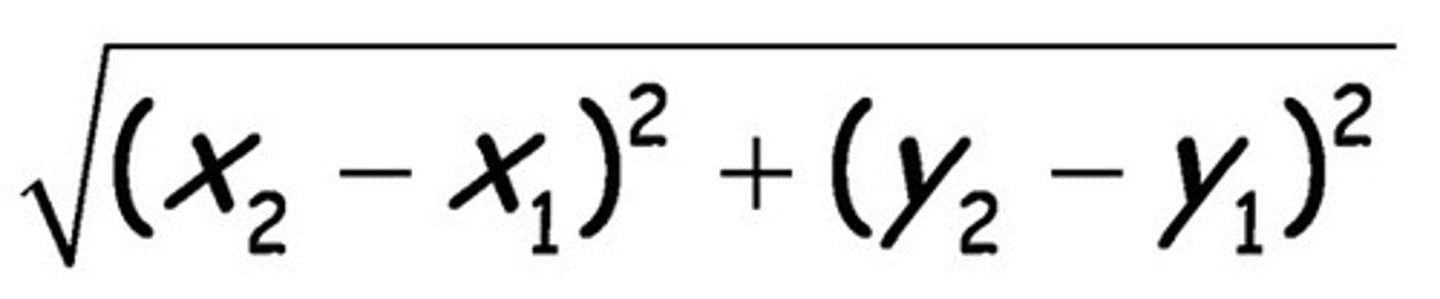 <p>the square root of x two minus x one squared plus y two minus y one squared.</p>