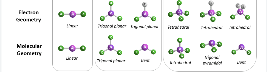 <p>The three-dimensional structure or arrangement of atoms in a molecule<span>.</span></p><p><span>LINEAR, BENT, TRIGONAL PYRAMIDAL, TRIGONAL PLANAR, TETRAHEDRAL</span></p>