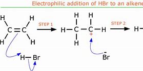 1) Di-atomic Br gets closer to the double bond \= concentration of e^- repels the e^- in the Br bond causing an induced dipole.
2) The + Br causes the double bond to break \= Bond made with the slightly + Br ion.
This process forces an e^- to the + Br breaking that bond.
3) There is now a - Br ion and a carbo-cation. These then bond together.
4) This creates \-- dibromo-ane
