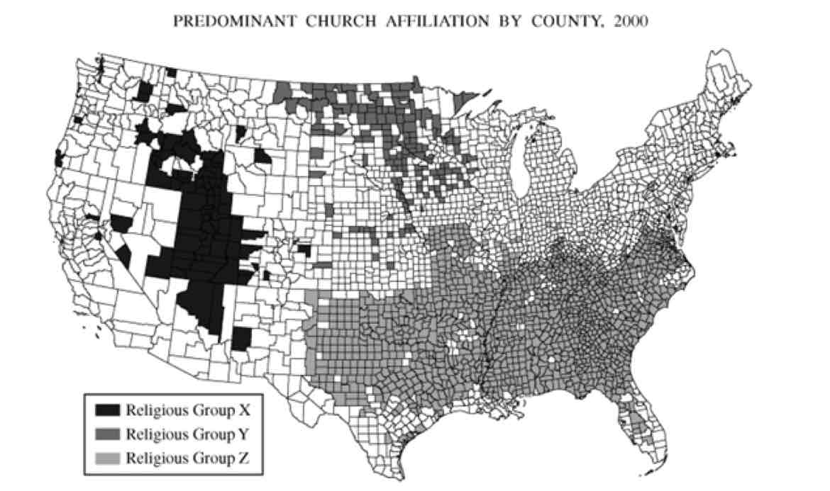 <p><span>The map above shows the distribution of three religious groups in the contiguous United States.</span></p><p><span>a. Using the letters in the legend, name the three religious groups shown on the map.</span></p><p><span>b. For ONE of the three religious groups , explain ONE factor that has influenced the distribution shown on the map.</span></p><p><span>c. For the same religious group as part B, explain ANOTHER factor that has influenced the distribution shown on the map.</span></p><p><span>d. For a DIFFERENT one of the three religious groups, explain ONE factor that has influenced the distribution shown on the map.</span></p><p><span>e. For the same religious group as part D, explain ANOTHER factor that has influenced the distribution shown on the map.</span></p><p><span>f. Explain how the map as presented at this scale is an incomplete representation of the geography of religion in the United States.</span></p>