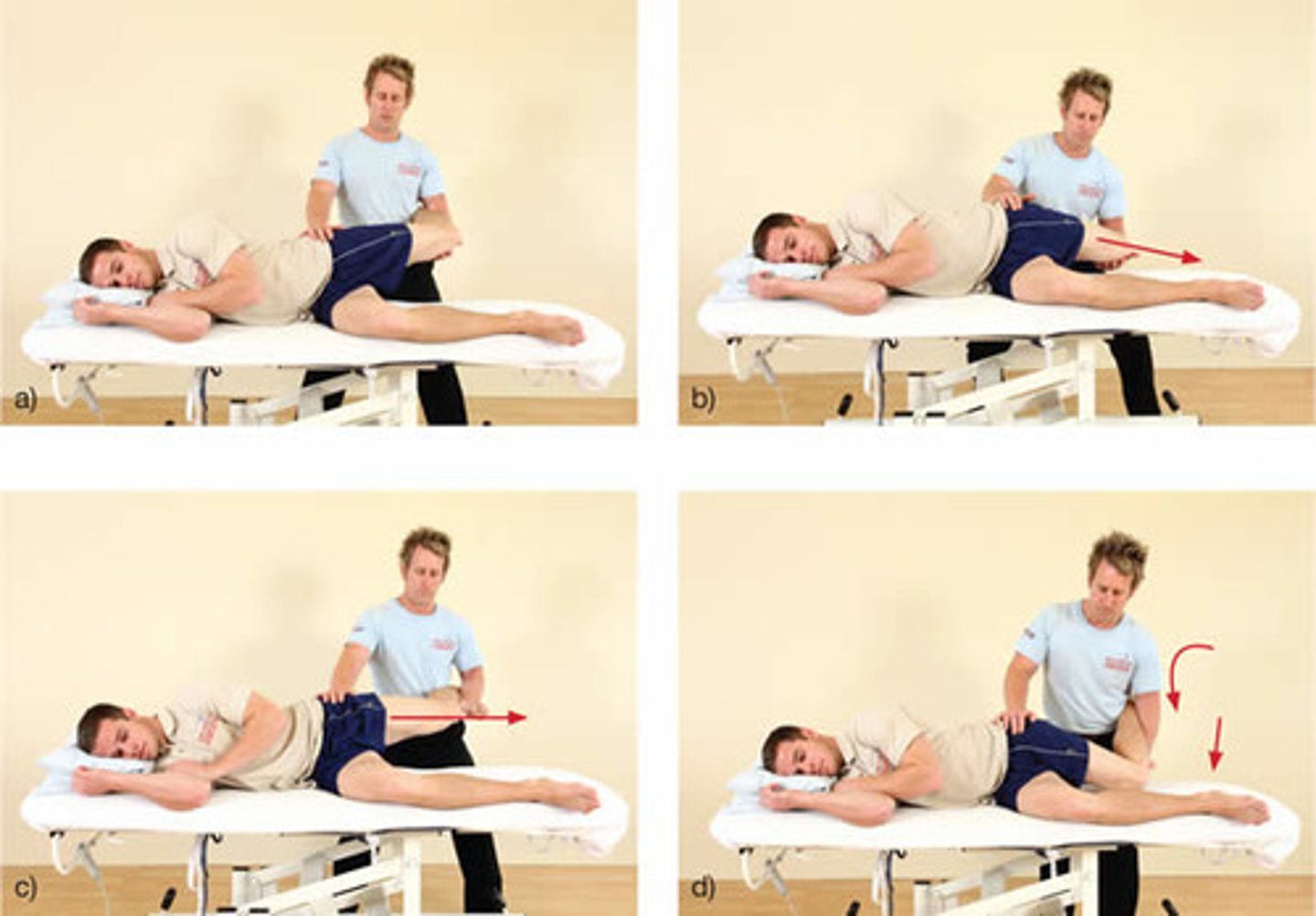 <p>- diagnosis: TFL &amp;/or IT band tightness or external snapping hip</p><p>- how: see photo</p><p>+ = extremity stays elevated (should drop to level of other knee on table)</p>