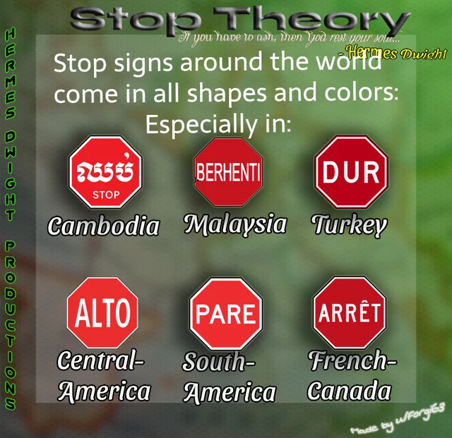 <p>Cambodia</p><ul><li><p>cambodian writing </p></li></ul><p>Malaysia </p><ul><li><p>BERHENTI</p></li></ul><p>Turkey</p><ul><li><p>DUR</p></li></ul><p>Central america</p><ul><li><p>ALTO</p></li></ul><p>South america </p><ul><li><p>PARE</p></li></ul><p>Quebec/French Canada</p><ul><li><p>ARRET</p></li></ul><p></p>