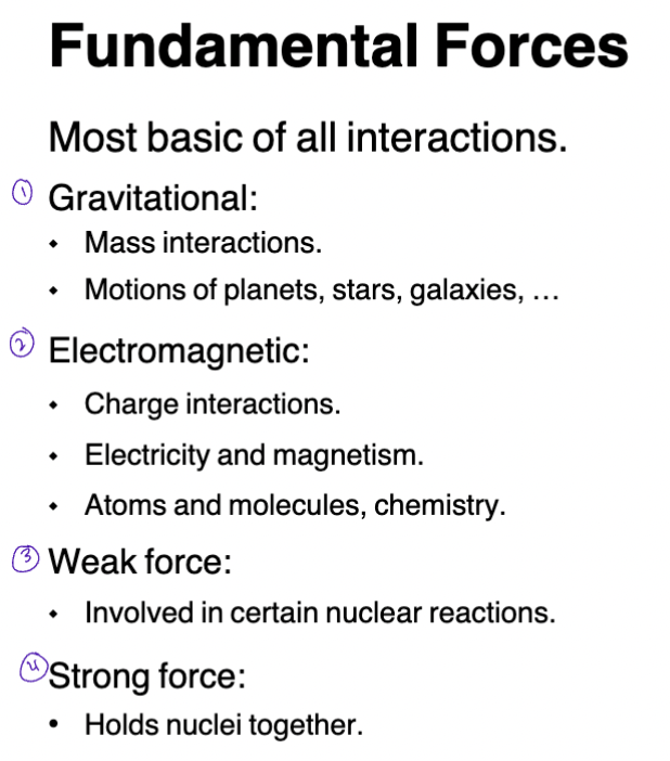 <ul><li><p>Gravitational</p></li><li><p>Electromagnetic</p></li><li><p>Weak force</p></li><li><p>Strong force</p></li></ul><p></p>