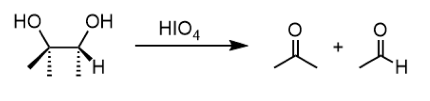 <ul><li><p>reagents: HIO<sub>4</sub></p></li><li><p>conversion of 1,2 diol to a ketone and aldehyde </p><p></p></li></ul><p></p>