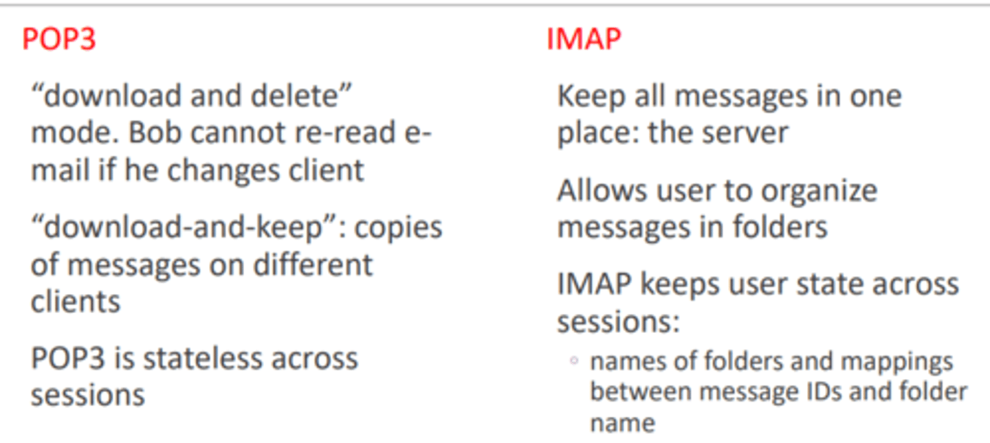 <p>IMAP keeps emails on the server for access anywhere; POP3 downloads emails to the client and can delete them from the server.</p>