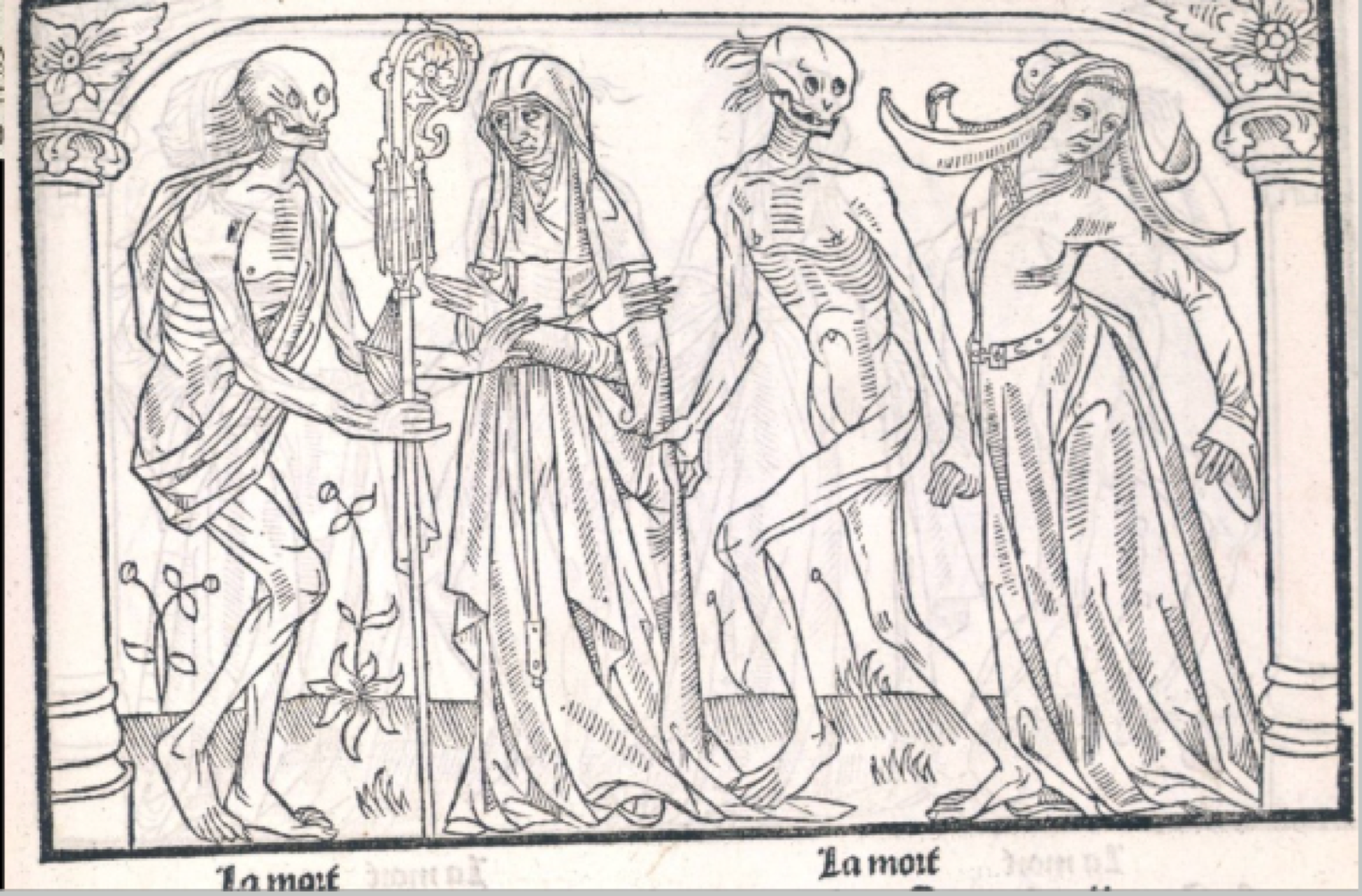 <p><span style="background-color: transparent;"><span>Describe the scene on the Danse Macabre and its significance</span></span></p>