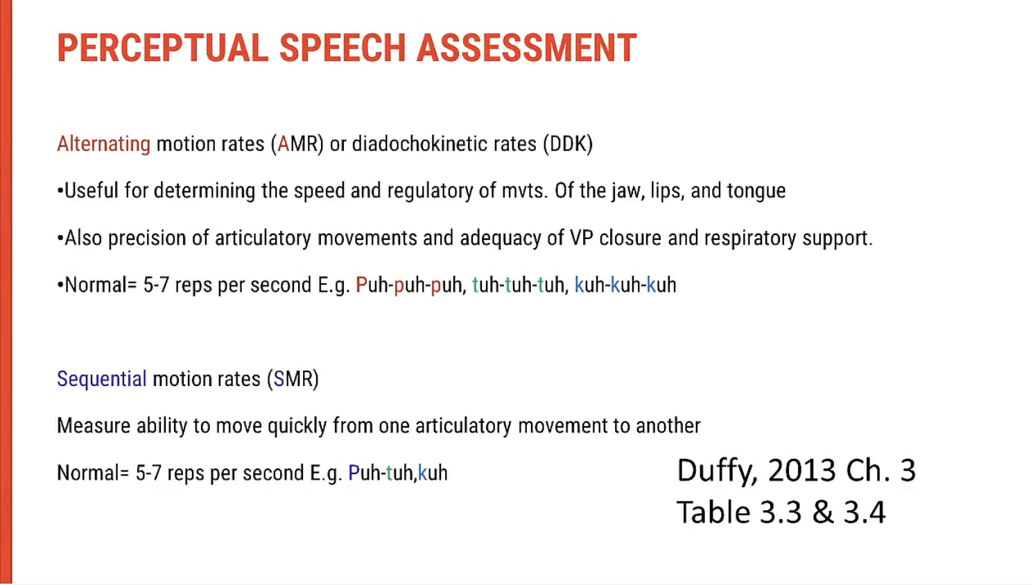 <p>&nbsp;</p><p><span data-name="repeat" data-type="emoji">🔁</span><span><strong>&nbsp;What Are DDK Rates?</strong></span></p><ul><li><p><span><strong>DDK</strong>&nbsp;stands for&nbsp;<strong>Diadochokinetic rates</strong>—used to evaluate&nbsp;<strong>motor control</strong>,&nbsp;<strong>coordination</strong>, and&nbsp;<strong>speed</strong>&nbsp;of speech movements.</span></p></li><li><p><span>It involves&nbsp;<strong>rapid, repeated articulation</strong>&nbsp;of syllables or sequences of syllables.</span></p></li><li><p><span>Crucial for assessing&nbsp;<strong>articulatory precision</strong>&nbsp;and&nbsp;<strong>motor planning/execution</strong>&nbsp;in various dysarthrias and apraxia.</span></p></li></ul><p>&nbsp;</p><p><span data-name="mag" data-type="emoji">🔍</span><span><strong>&nbsp;Types of DDK Tasks</strong></span></p><p><span data-name="blue_square" data-type="emoji">🟦</span><span><strong>&nbsp;Alternating Motion Rates (AMRs)</strong></span></p><ul><li><p><span><strong>Single repeated syllables</strong>&nbsp;such as:</span></p><ul><li><p><span>“puh-puh-puh” (labial)</span></p></li><li><p><span>“tuh-tuh-tuh” (alveolar)</span></p></li><li><p><span>“kuh-kuh-kuh” (velar)</span></p></li></ul></li><li><p><span>Assesses&nbsp;<strong>individual articulator speed and rhythm</strong>.</span></p></li></ul><p><span data-name="orange_square" data-type="emoji">🟧</span><span><strong>&nbsp;Sequential Motion Rates (SMRs)</strong></span></p><ul><li><p><span><strong>Sequenced combinations</strong>&nbsp;of syllables, e.g.:</span></p><ul><li><p><span>“puh-tuh-kuh”</span></p></li><li><p><span>“butterfly,” “Patty cake”</span></p></li></ul></li><li><p><span>Measures&nbsp;<strong>ability to rapidly shift</strong>&nbsp;between different articulatory positions—important for&nbsp;<strong>motor planning</strong>.</span></p></li></ul><p>&nbsp;</p><p><span data-name="chart_increasing" data-type="emoji">📈</span><span><strong>&nbsp;Normative Data for DDK</strong></span></p><ul><li><p><span><strong>Expected rate</strong>: approximately&nbsp;<strong>5–7 repetitions per second</strong>&nbsp;for AMRs and SMRs.</span></p></li><li><p><span><strong>Below normal rate</strong>&nbsp;may suggest:</span></p><ul><li><p><span><strong>Flaccid or spastic dysarthria</strong>&nbsp;(slowed, weak, or strained articulation)</span></p></li><li><p><span><strong>Ataxic dysarthria</strong>&nbsp;(irregular rhythm)</span></p></li><li><p><span><strong>Apraxia of speech</strong>&nbsp;(inconsistent sequencing errors)</span></p></li></ul></li></ul><p>&nbsp;</p><p><span data-name="microphone" data-type="emoji">🎤</span><span><strong>&nbsp;Clinical Tips for DDK Tasks</strong></span></p><ul><li><p><span><strong>Always seek consent</strong>&nbsp;before recording.</span></p></li><li><p><span>Record DDK tasks and&nbsp;<strong>slow them down</strong>&nbsp;for detailed perceptual analysis.</span></p></li><li><p><span>With experience, clinicians often&nbsp;<strong>develop a “tuned ear”</strong>&nbsp;for what falls outside the normal range.</span></p></li><li><p><span><strong>Compare sides</strong>&nbsp;if relevant (e.g. unilateral weakness).</span></p></li></ul><p></p>