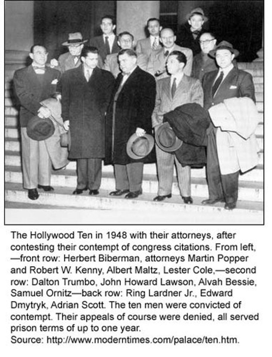 <p>group of movie writers, directors, and producers who refused to answer HUAC questions about communist ties</p>