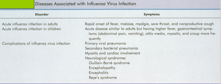 %%Influenza in Adults:%%

\-rapid onset fever

\-malaise

\-myalgia

\-sore throat

\-nonproductive cough

\
%%Influenza in Children:%%

\-acute disease similar to adults

\-higher fever

\-gastrointestinal symptoms (abdominal pain, vomiting)

\-otitis media

\-myositis

\-croup