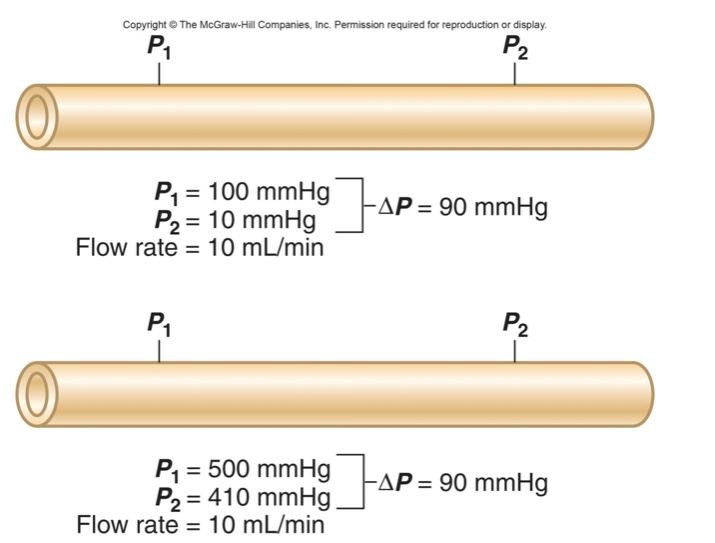 <ul><li><p>blood will only flow if there is a pressure gradients: blood will flow from higher pressure to lower pressure</p></li><li><p>consider the flow of blood through one of these vessels</p><ul><li><p>flow is proportional to the pressure gradient</p></li><li><p>flow is inversely proportional to resistance</p></li></ul></li></ul><ul><li><p>flow = ΔPressure/resistance</p></li><li><p>ΔPressure = flow x resistance</p></li><li><p>resistance = ΔPressure/flow</p></li></ul><p></p>