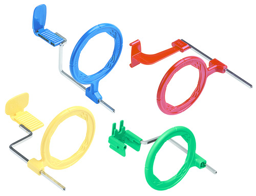 <p>-Includes 3 plastic bite blocks, 3 plastic aiming rings, and 3 metal indicator arms.<br>-Different bite blocks are available that accommodate film and PSP sensors, as well as digital sensors.<br>-The plastic bite blocks are color-coded to aid in assembly<br>-blue used in the anterior regions<br>-yellow used in the posterior regions<br>-red are used for bite wing projections<br>- green are used in endodontic procedures</p>