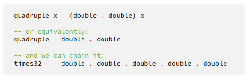<p>Function composition operator. Right associative.</p><p>g . f = g (f(x))</p>