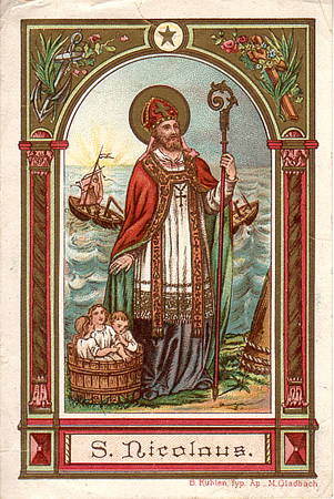 <p>Afgebeeld als bisschop met staf en mijter, vaak met drie gouden ballen op een boek. Soms met drie jongens in een ton. </p>