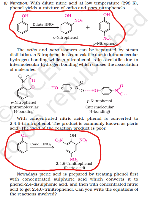 <ul><li><p>It is named picric acid because of its bitter taste</p></li><li><p>Picric acid is used to make explosives</p></li><li><p>o-Nitrophenol is more steam volatile than p-Nitrophenol due to the presence of intramolecular</p><p>H-bonding. </p></li><li><p>p-nitrophenol shows intermolecular H–bonding.</p><p></p></li></ul>