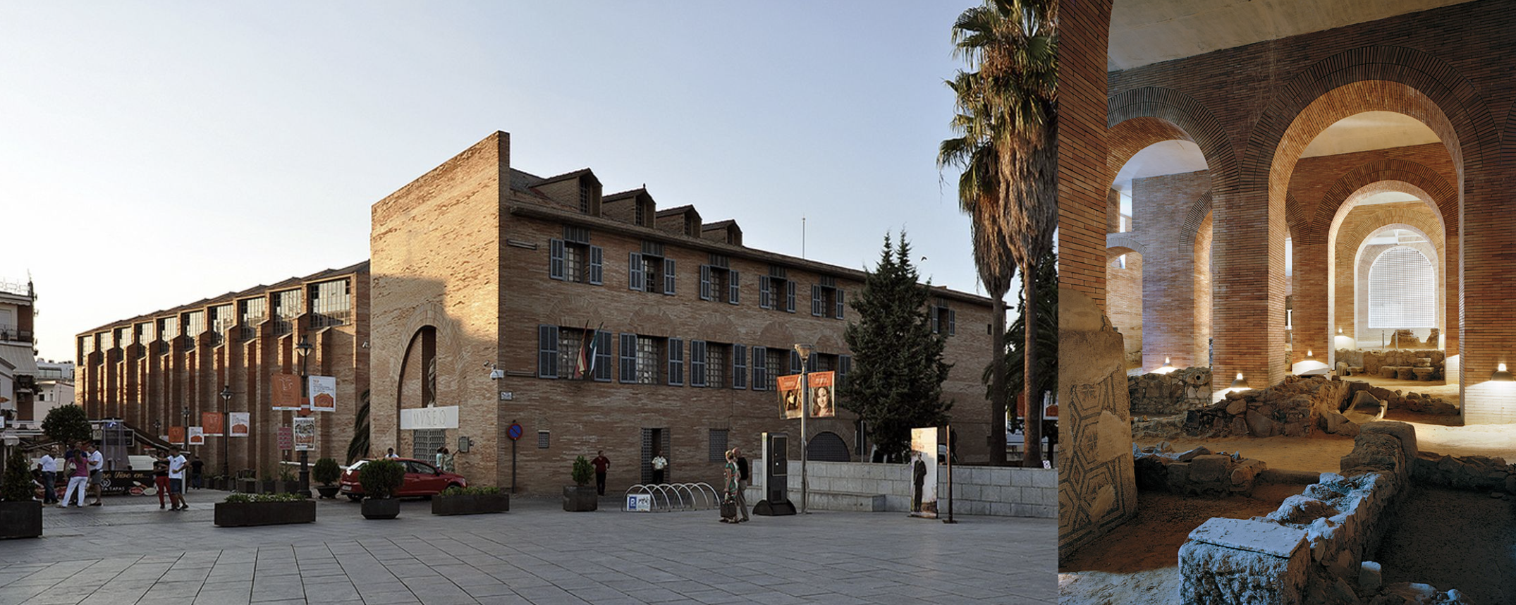 <ul><li><p>tells story of town > contrasts old and new</p></li><li><p>Roman brick</p><ul><li><p>material connects past and present</p></li><li><p>crispness and flatness shows modern</p></li></ul></li><li><p>walkway on top of Roman ruins</p><ul><li><p>diagonal of street grid</p></li><li><p>parallel, planar surface</p></li></ul></li></ul><p></p>