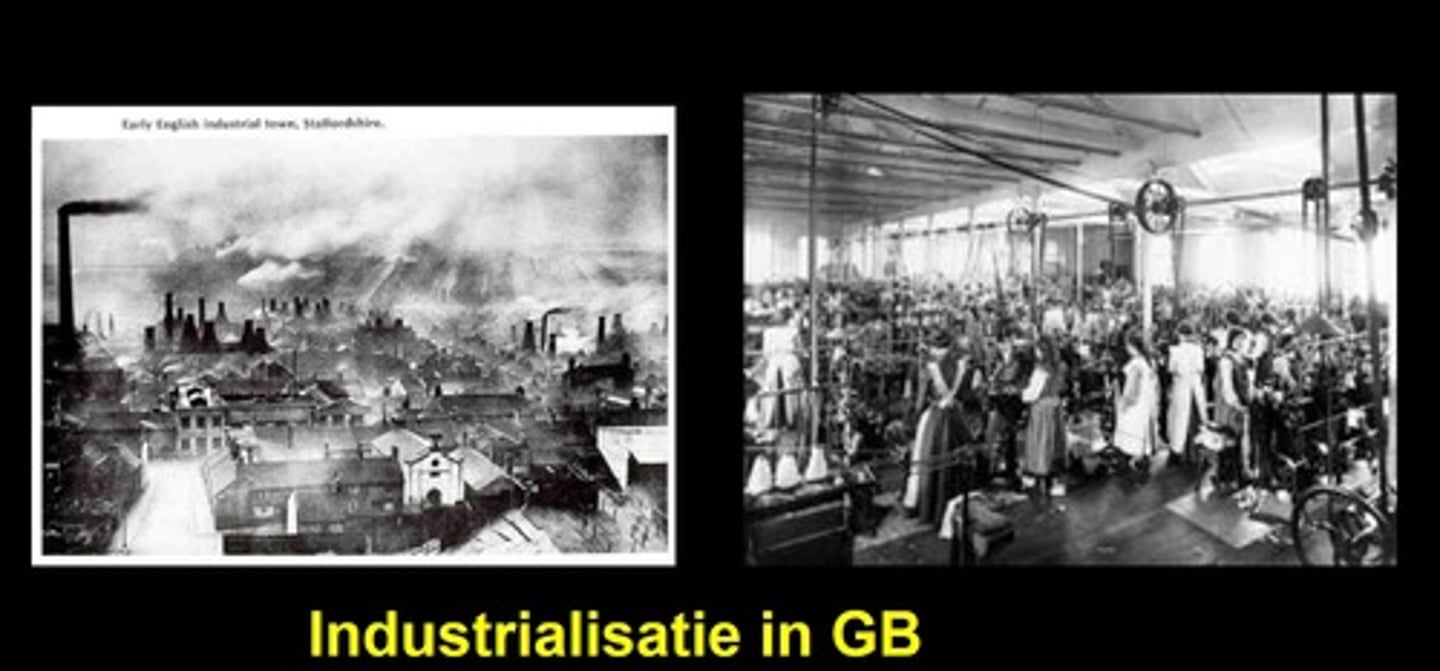 <p>De opkomst van productie in fabrieken.</p>