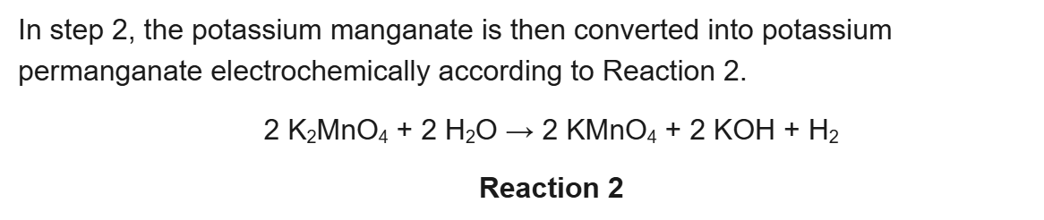 <p>What volume of H2 gas will be generated in Reaction 2 described in the passage if 10.00 L of a 5.00 M solution of K<sub>2</sub>MnO<sub>4</sub> react at STP?</p><p>a) 1.12 L</p><p>b) 22.4 L</p><p>c) 560 L</p><p>d) 1120 L</p>