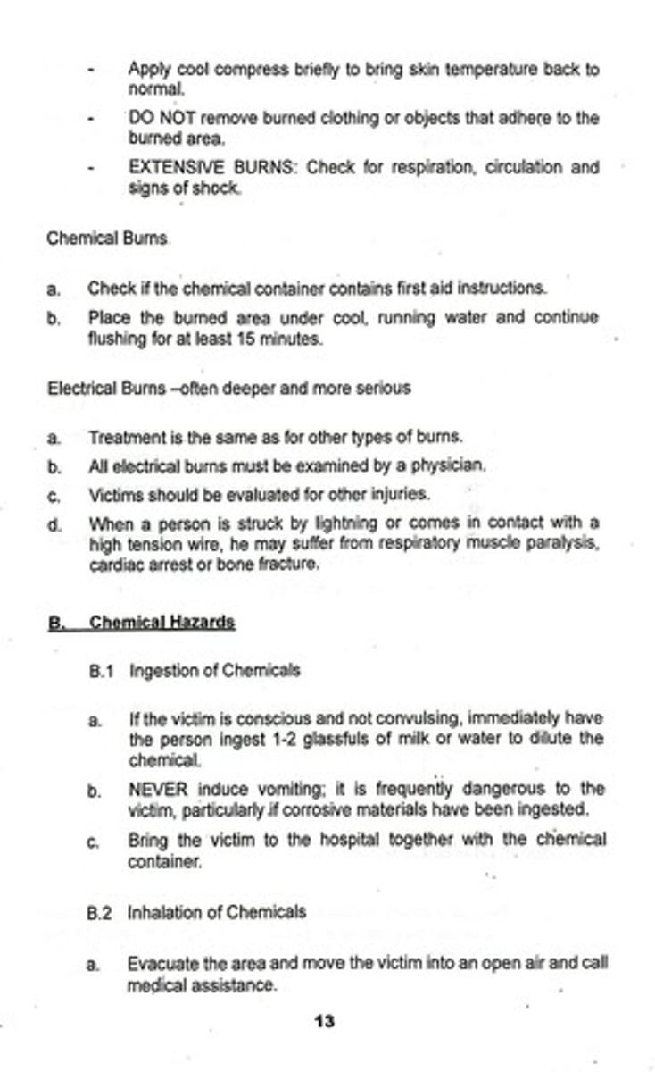 <p>Place the burned area under cool, running water and continue flushing for at least 15 minutes.</p>